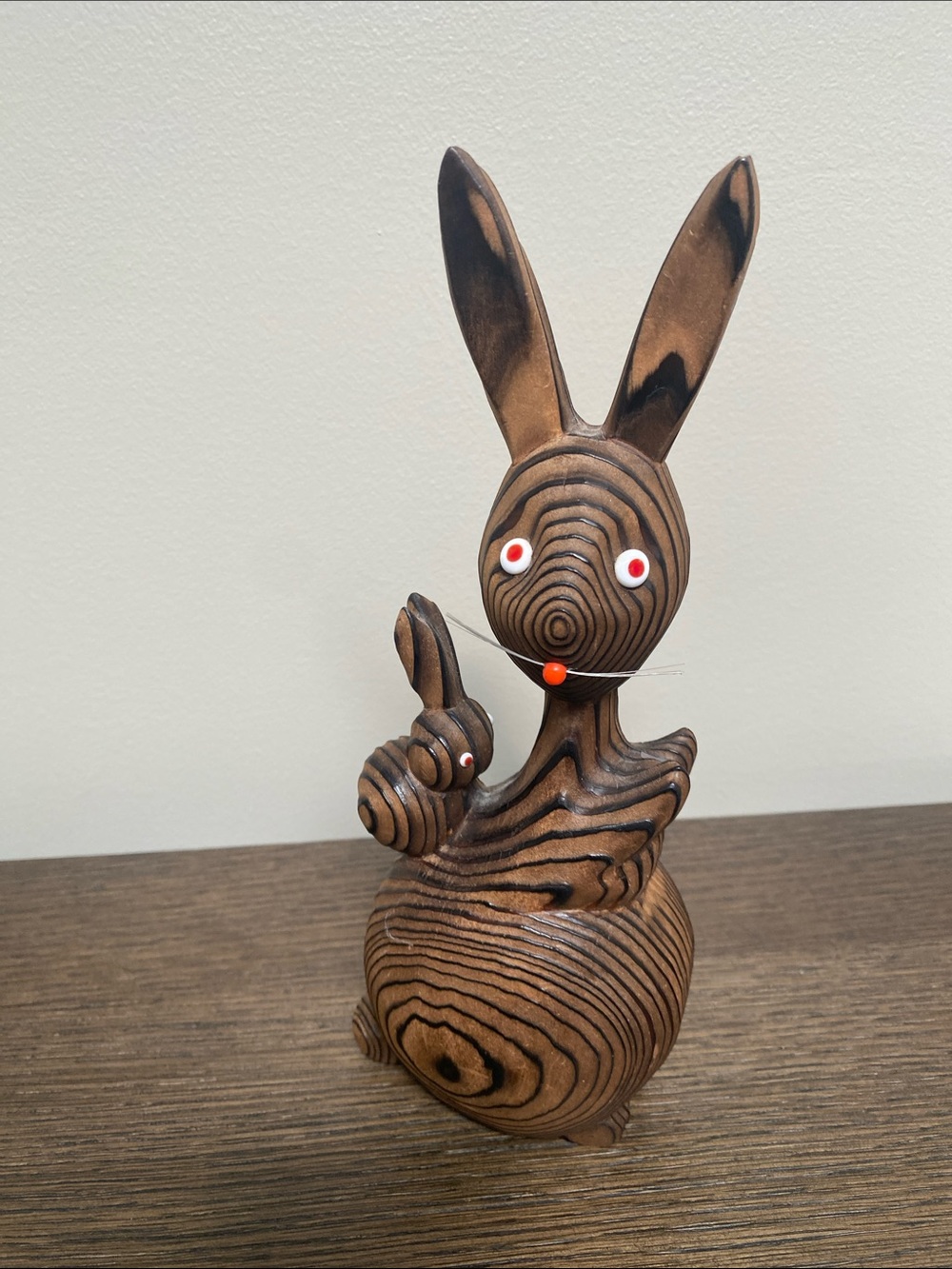 Wood Grain mother and child Bunny Japanese Folk Art Brown Decorative Rabbit
